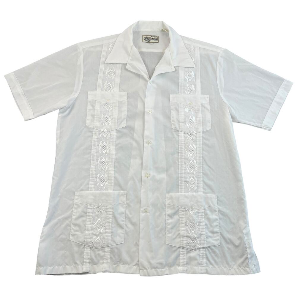 Vintage 80s 90s Jordin White Embroidered 4 Pocket Guayabera Shirt - L